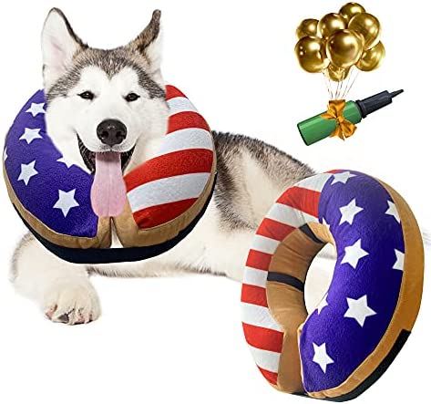 Protective Inflatable Dog Cone, Comfy Recovery Cone for Dogs and Cats After Surgery to Prevent Licking, Adjustable and Easy Storage E Collar, American Flag and Cow Pattern Design