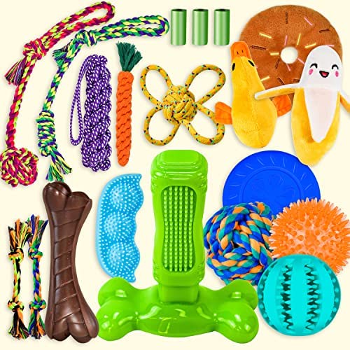 Puppy Chew Toys 20 Pack Dog Toys for Small Dogs, Puppy Toys for Teething Toothbrush Squeaky Dog Ball on Rope Dog Toys Bulk, Dog Chew Toys for Puppies Teething Pet Toys for Dog Indoor&Outdoor