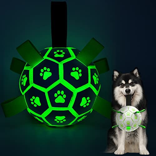 QDAN Glow in The Dark Dog Toys Soccer Ball with Grab Tabs, Interactive Dog Toys Puppy Birthday Gifts, Dog Tug Water Toy, Indoor/Outdoor Light Up Dog Balls for Small & Medium Dogs
