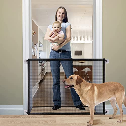 Queenii Magic Dog Gate, Pet Safety Guard Gate, Portable Folding Mesh Child's Safety Gates Install Anywhere, Safety Fence for Hall Doorway Wide 40.01"-Black