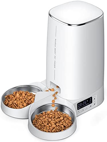 ROJECO Automatic Cat Feeders for 2 Cats, 4L Timed Cat Feeder Dog Dry Food Dispenser with Splitter and Desiccant Bag, Dual Power Supply and Low Food Alarms, 1-6 Meals and 1-60 Portion Smart Pet Feeders