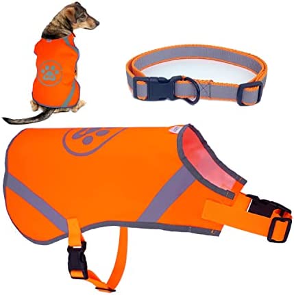 Reflective Dog Vest with Collar,Orange Dog Safety Vest for Hunting,Reflective Dog Harness for Night Walking,Reflective Dress for Dogs Pets