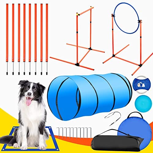 SUUJEEUNI 65 Pcs Dog Agility Training Equipment, Dog Obstacle Course for Indoor Outdoor Includes Dog Tunnel & Weave Poles, Pet Outdoor Games