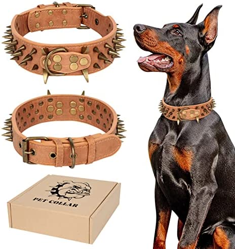 Spiked Studded Dog Collar for Medium Large Dogs, WANYANG 2 Inch Wide Leather Spike Dog Collars with Large Sharp Spikes, Neck Protection, Anti-Bite, Fit Pitbull Doberman German Shepherd, S/L