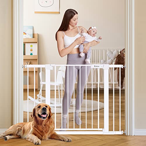 Tokkidas 29.5"-46" Auto Close Baby Gate for Stairs, Extra Wide Dog Gates for House, Extra Tall Child Gate for Doorways, Easy Walk Thru Durability Pet Gate with Door, Pressure Mounted, White