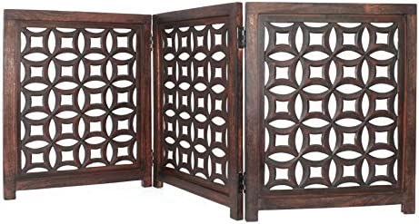 Wooden Foldable Pet Dog Safety Gate -3 Panels 20"Wx24"H- Hand Carved Solid Wood And MDF - Free Standing Portable Indoor Doorway Hall Stairs Dog Puppy Fence - Fully Assembled - Antique Brown -IRONGATE