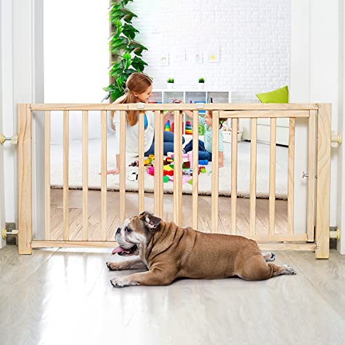 YOCAN Wooden Dog Gate 43" Extra Wide Pressure Mounted Dog Gate for Stairs Doorways, Easy Walk Thru Pet Gate with Small Pet Door -Fits Openings 24"-43" Wide,18" Tall