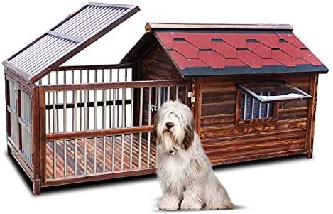 ZJDU Citi Carbonized Wood Dog Kennel,Outdoor Wooden Pet Kennel, Waterproof Ventilate Dog House,Pullable Bottom Plate with Fence Area for Outdoor Use, Double Window,7XL