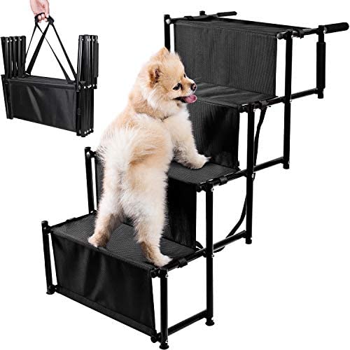Zento Deals Foldable Car Dog Stairs - Premium Quality Adjustable Metal Ramp Lightweight Non-Slip Pet Stairs for Small and Large Dogs, Portable and Easy to Store