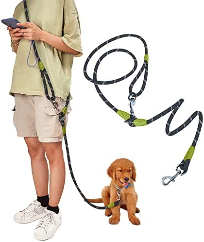 pawstrip Hands Free Dog Leash Waist & Crossbody Rope with Slip Lead Durable for 2 Dogs Nylon Reflective Heavy Duty Hiking Bungee Leash for Small Large Dogs (Black)