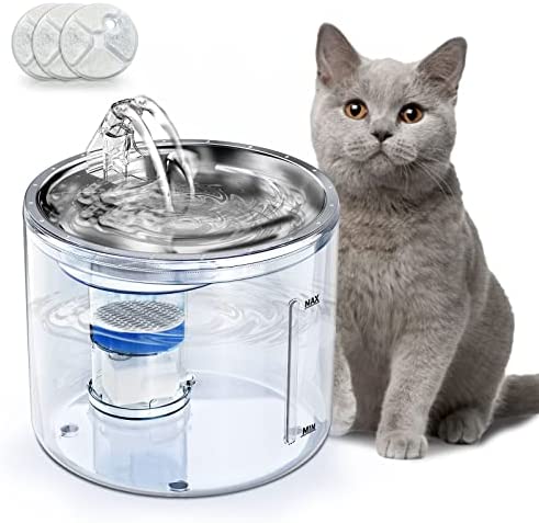 Cat Water Fountain Stainless Steel - SINDOX Dog Water Bowl Fountain, 2.6L Automatic Cat Fountains Ultra Quiet Pet Drinking Water Dispenser for Cats, Dogs, Multiple Pets with 3 Filters - Transparent
