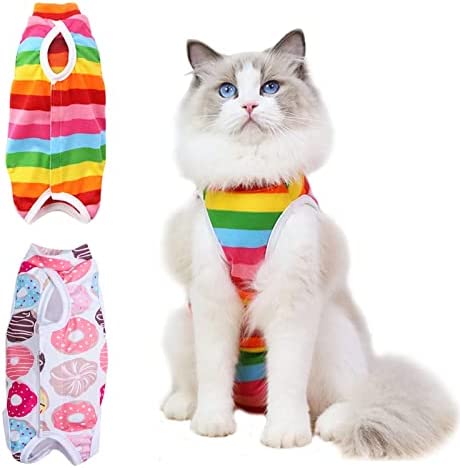 2 Pieces Cat Recovery Suit Rainbow Avocado Doughnut for After Surgery Dog Kittens Physiological Clothes Breathable Surgery Shirt Costume for Cats Small Dogs Abdominal Wound/Skin Damage/Weaning