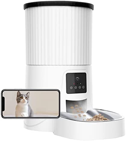 ABRCT Camera Automatic Cat Feeder, Voice and 1080HD Video Recording Cat Food Dispenser, Timed Cat Feeder with Desiccant Bag, Smart Cat Pet Feeder with Dual Power Supply (White)