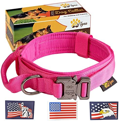 ADITYNA Pink Tactical Dog Collar for Large Girl Dogs - Soft Padded, Heavy Duty, Adjustable Dog Collar with Handle - 3 Patches US American Flag Included (L, Pink)