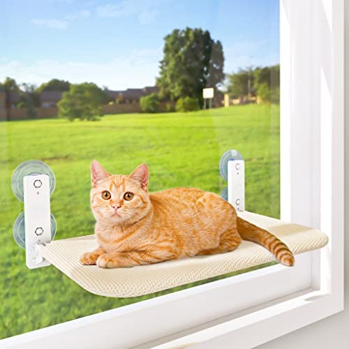 AMOSIJOY Cordless Cat Window Perch, Cat Hammock for Wall with 4 Suction Cups, Anchor&Screw for Two Ways of Installation, Solid Metal Frame and Two Covers, Foldable Cat Beds for Indoor Cats (Medium)