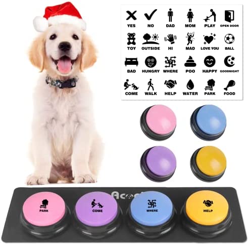 Acools Dog Buttons for Communication,Talking Buttons for Dogs,30 Second Recordable Answer Buzzer for Pet Sound Training Toy,4 recordable Sound Buttons + 24 Scene Patterns + Dog Button Mat
