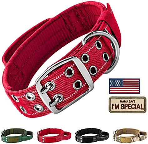 Annchwool Tactical Dog Collar for Medium and Large Dog,Adjustable Military Dog Collar with Soft Padded Handle,Heavy Duty Double Buckle Design(Red,L)