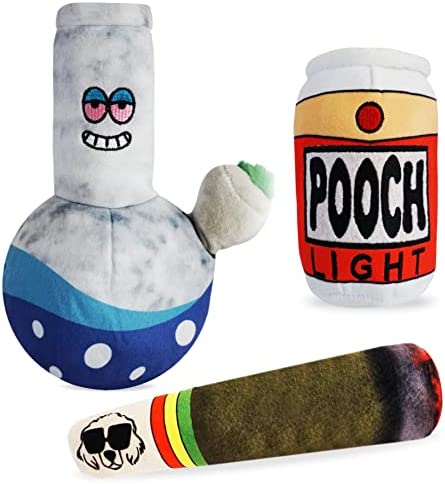 Baja Ponchos 3 Pack Mellow Vibes Dog Plush Chew Toys - Funny Dog Beer and Weed Squeak Toys - Dog Gifts - Joint - Blunt - Marijuana – Pooch Light – Bong