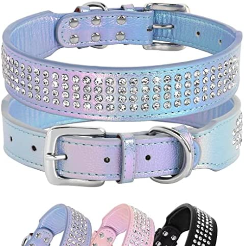 Beirui Bling Rhinestone Dog Collar with Diamonds Studded - Colorful PU Leather Padded Dog Collar 1.5 Inch Wide - Heavy Duty Bedazzled Dog Collar for Medium Large Dogs,15-20",Blue