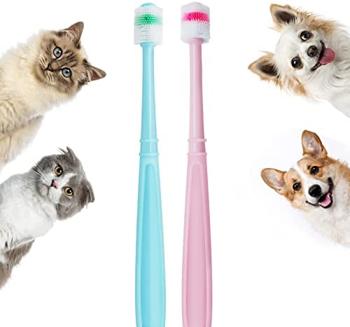 Blavvennt Small Dog & Cat Toothbrush Puppy Toothbrush 360 Degree Deep Clean Fresh Breath Pet Toothbrush for Cat Dental Care Dog Teeth Cleaning, 2 pcs (Blue&Pink)