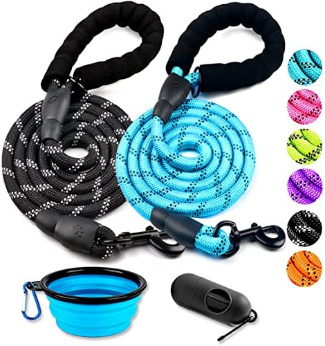 COOYOO 2 Pack Dog Leash 2/5/6 FT Heavy Duty - Comfortable Padded Handle - Reflective Dog Leash for Medium Large Dogs with Collapsible Pet Bowl