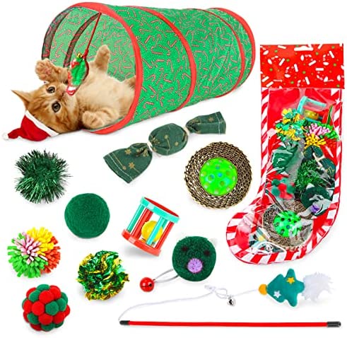 Christmas Cat Toys Collapsible Cat Tunnels for Indoor Interactive Cat Feather Toy Christmas Stocking with Cat Ball Toys, Crinkle Balls for Cat, Mice Toys for Indoor Cats & Kitten