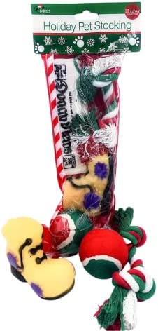 Christmas dog stocking toys. Pack Assorted with Squeaker Inside of newspaper toy, squeaky boot, a red, green & white tennis ball & red white & green knotted rope Xmas Toy. Small Medium Large Breeds