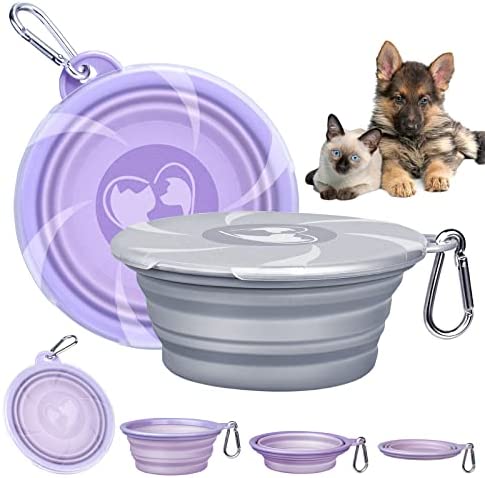 Collapsible Dog Bowls - Portable Travel Dog Bowls with Lids & Carabiners, 2 Pack Silicone Feeding Watering Pet Bowls for Dogs Cats, 450ml/15oz Collapsable Doggy Bowl for Walking Hiking
