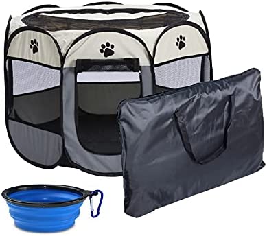 Coopupet Pet Playpen, Foldable Dog Playpen, Portable Dog Pen, Octagon Puppy Playpen Indoor, Exercise Kennel Dog Tent for Dogs/Cats/Rabbits + Free Carrying Case + Free Travel Bowl (Beige+Grey, S)