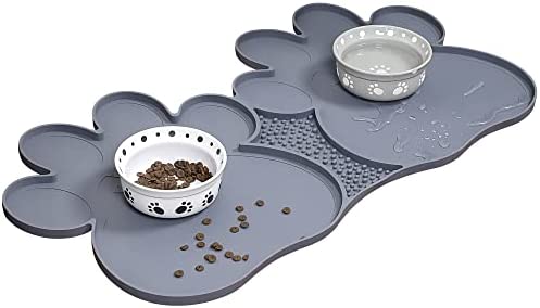 Dogvingpk Dog Food Mats for Floors Waterproof Large Medium Small Dog Placemat Non Slip Silicone Cat Pet Dog Bowl Mat for Food and Water (XXL - Grey with Slow Feeder Mats)