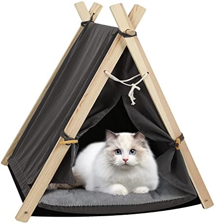 ECOMEX Pet Teepee, Portable Pet Tent Bed for Small Dogs Cats, Dog Cat Tent with Soft Cushion, Indoor Dog House, Cat Teepee Tent for Indoor Cats, Grey
