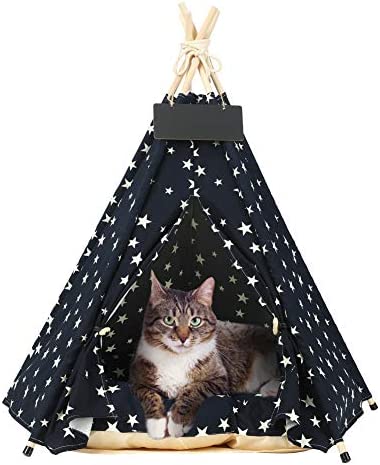 EMUST Pet Teepee, Large Dog Teepee Bed with Thick Cushion, 24 Inch Tall, Portable Washable Teepee Tent for Dogs Puppy, Cat and Rabbits, for Pets Up to 15lbs