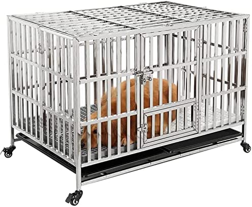 GIOPACO 48 Inch Stainless Steel Dog Crate with Tray,Double Door Pet Kennel Dog Kennels and Crates Large Dog Cage Pet Playpen with Four Wheels for Medium and Large Dogs