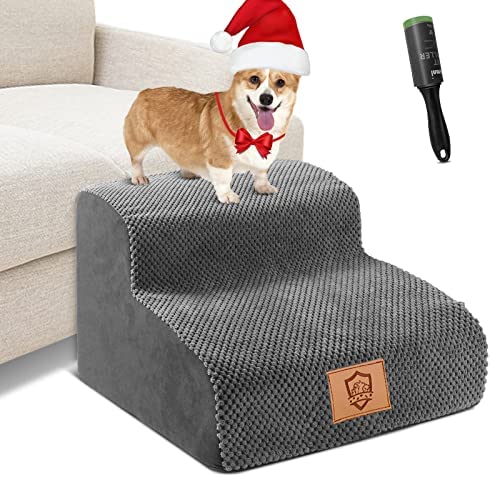 High Density Foam Pet Stairs,Non-Slip Dog Stairs 2 Tiers,11.8" High Pet Ladder/Ramp with Removable Cover,Help Injured Dogs Get On and Off The Couch Easily-Send a Pet Hair Remover Roller(Gray)