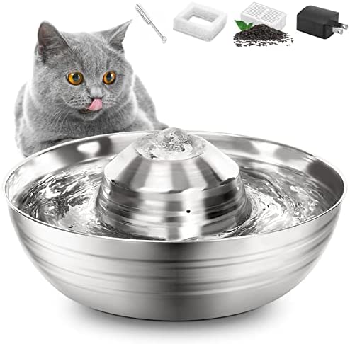 Huicocy Cat Water Fountain Stainless Steel, 67Oz/2L Pet Fountain with Ultra-Quiet Design, Visible Water Level, 360° Automatic Cat Water Dispenser Easy Assemble and Clean,Supply Water Even Power Off