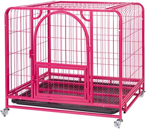 Jongee Heavy Duty Dog Crate Cage Strong Pink Metal Dog Kennel with Wheels and Tray for Indoor Outdoor Small Dog, 24 inch