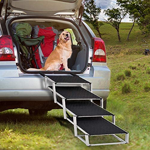 Joyrally Upgraded Extra Wide Dog Car Stair for Large Dogs,Lightweight Aluminum Foldable Pet Ladder Ramp with Nonslip Surface for High Beds, Trucks, Cars and SUV, Supports up to 200 lbs,4 Steps