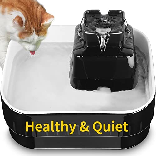 Kastty Ceramic Cat Water Fountain, 102oz/3L Larger Ceramic Pet Fountain, Ultra Quiet Healthy Dog Fountain, Flat Basin for Easy Cleaning, Dishwasher Safe, w/ 3 Filters& Safe LED Pump, VET'S Choice