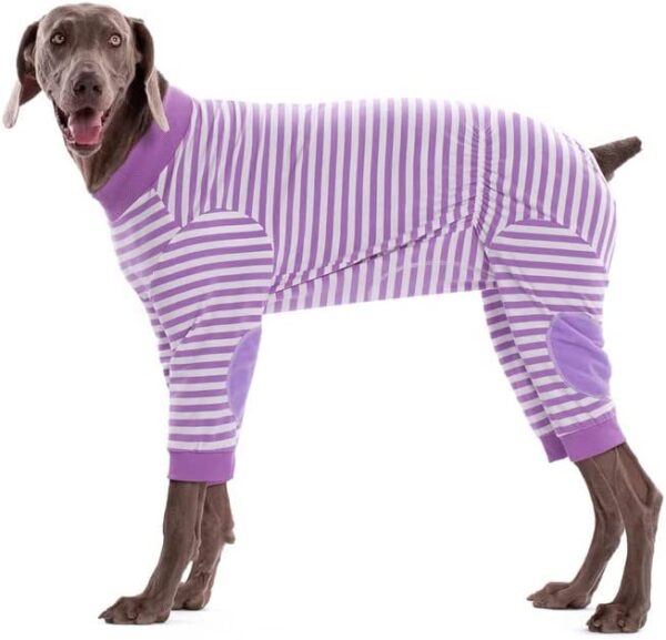 Large Dogs Pajamas, Stripes Cotton Stretchable Dog Jumpsuit, 4 Legs Lightweight Dog Onesie Pjs Clothes Apparel with Zipper Closer and Elbow Pads, Full Coverage Large Breed Dogs Anti-Shedding Suit