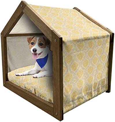 Lunarable Oriental Wooden Pet House, Vintage Style Damask Pattern with on Old Fashioned Royal Background, Outdoor & Indoor Portable Dog Kennel with Pillow and Cover, Large, Pale Orange and Beige