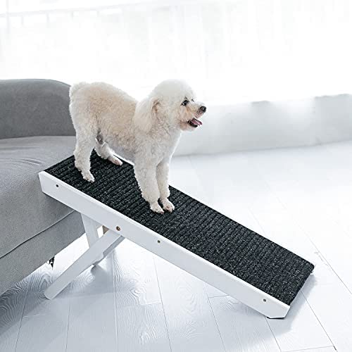 MEWANG 19" Tall Adjustable Pet Ramp - Wooden Folding Portable Dog & Cat Ramp Perfect for Bed and Car - Non Slip Carpet Surface 4 Levels Height Adjustable Ramp Up to 90 Pounds - Small Dog Use Only