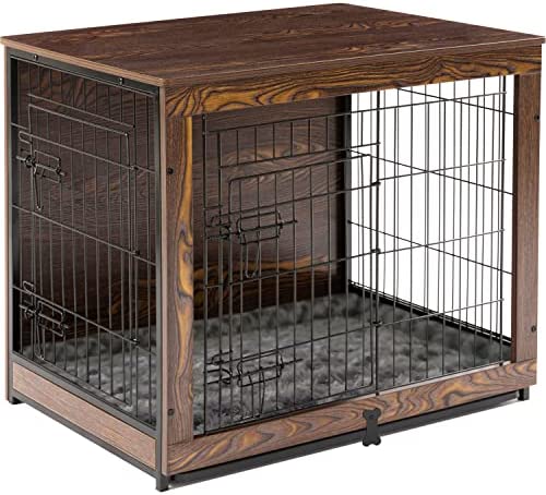 Megidok Wooden Dog Crate Furniture with Cushion&Tray for Small Medium Large Dogs, Dog Crate End Table Furniture Style, Double Doors Decorative Dog Kennels Indoor, Easy to Assemble