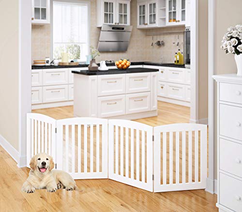 PAWLAND Wooden Freestanding Foldable Pet Gate for Dogs, 24 inch 4 Panels Step Over Fence, Dog Gate for The House, Doorway, Stairs, Extra Wide (White, 24" Height-4 Panels)