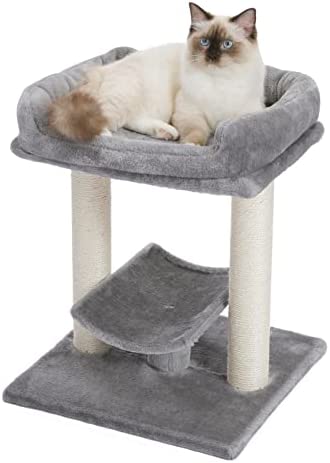 PETEPELA Cat Scratching Post Small Cat Tree, Cat Scratcher with Large Plush Top Perch Bed, Cat Post and Curved Platform