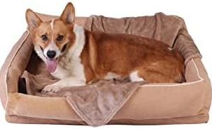 Pbed Dog Bed for Large Dogs,Bolster Couch Dog Bed with Removable Machine Washable Cover,Rectangle Dog Sofa with Warm Pet Blanket and Cooling Mat,Foam Pet Bed with Nonskid Bottom,Khaki