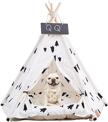 Pet Teepee Tent with Bed for Medium Small Dogs Cats Rabbits, Puppy House with Cushion 24 inch