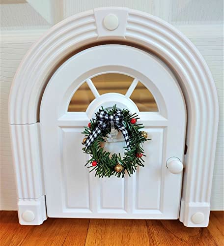 Purrfect Portal Cat Door Mini Christmas Wreath for Interior Cat Doors with Evergreen Ring, Red Berries, Mini Gold Balls, Black & White Plaid Ribbon, Transparent Hook & Tape Included, 2 Inches (5 cm)