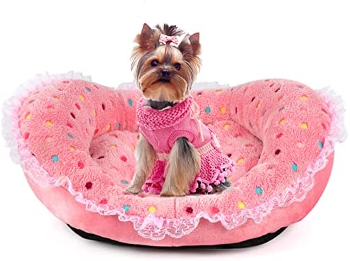 SEIMMIE Princess Cute Cat Dog Bed Lace Pink Girl Puppy Bed Soft Warm Fleece Kitten Nest Pet Sofa Polka Dots