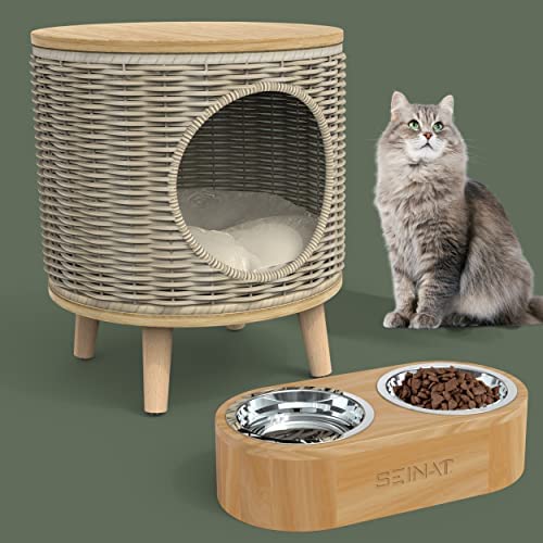 SEINAT Hand Woven Wicker Cat Bed, Elevated Pet Condo Puppy Dog House Hideaway with 2 Stainless Steel Cat Bowl…