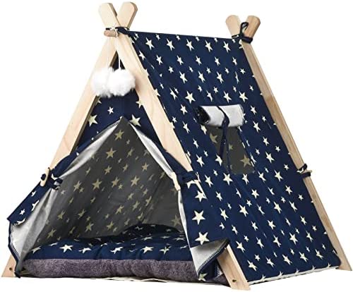 Svkiyang Pet Teepee Cat Tents for Indoor Cats & Dogs, 24 Inch Portable Indoor Dog House with Thick Cushion & DIY Plaque, Washable Cat Teepee, Dog Teepee Bed, Dog Tent Bed, Dog House Indoor(Blue Star)
